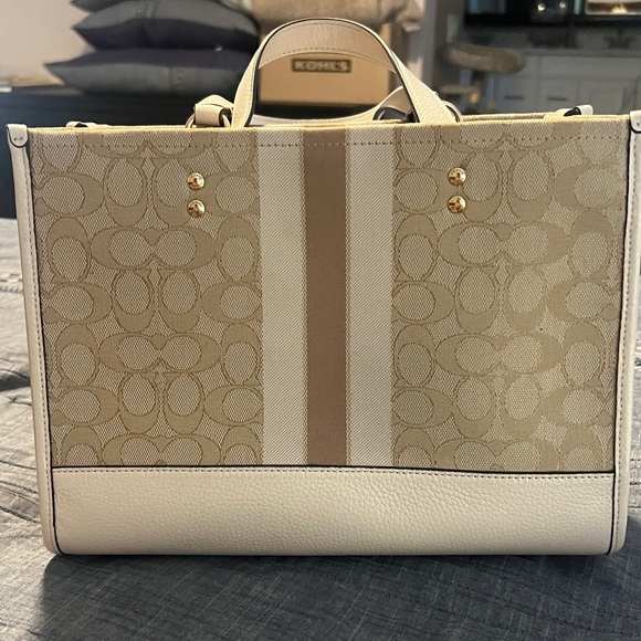 Coach Dempsey Beige Signature Stripe Tote with Leather Trim - Picture 2 of 5